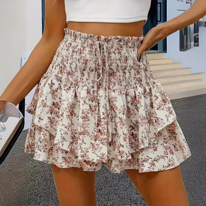 Falda con Volantes y Estampado Floral de Cintura Alta para Mujer, Pantalones Cortos Casuales de Gasa con Cordón, Ajuste Holgado y Transpirable, Estilo Veraniego - Product Image 2