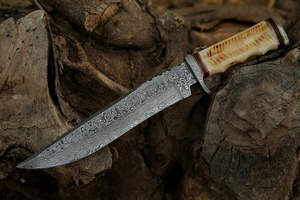 Couteau Bowie droit artisanal en acier Damas avec manche en os, pour le camping, la survie et la chasse, de la marque A&M ENTERPRISES. - Product Image 6