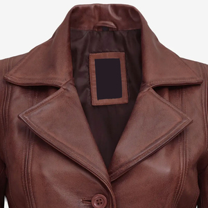 <b>Women's</b> <b>Brown</b> Genuine Leather Blazer <b>Jacket</b> Turn Down Collar Single Breasted Long Sleeve Coat - Product Image 5