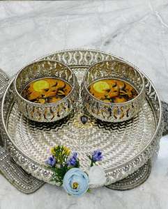 Luxurious Look Gold Coloured Brass Bowl Tray Set Handmade Rajasthan AARNA COLLECTION for Wedding Anniversary Gift <b>Red</b> Velvet <b>Box</b> - Product Image 5