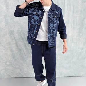 Men's Dark Blue Denim <b>Jacket</b> Skull Print Turn-down Collar Regular Fit Cotton <b>Punk</b> Style Autumn Wear - Product Image 4