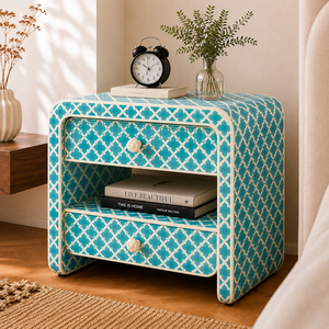 Chic Blue Pattern Resin Bone Inlay Nightstand With Drawers & <b>Shelf</b> Cabinet <b>Bedside</b> End Table For Bedroom Hotel Luxury Home Decor - Product Image 1