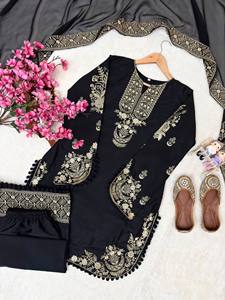 Ensemble Salwar de Luxe Noir Brodé Or Zari pour Femme, Kurti Court, Palazzo Évasé Large et Dupatta – Style Indien et Pakistanais - Product Image 3