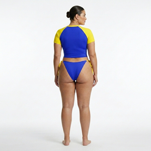 Blue <b>Yellow</b> Raglan Sleeve Crop Top Print Knitted Polyester Women's 2 Piece Swimwear Set Thongs Front Eco-Friendly Waist Detail - Product Image 4
