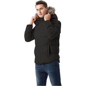 Parka noire à capuche pour homme avec garniture en fourrure, col montant, imperméable, en polyester, vêtement d'extérieur décontracté, coupe classique - Product Image 2