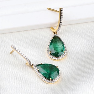 Wholesale 14k Yellow Gold Natural Pear Emerald Pave <b>Diamond</b> Halo Screw Back Drop <b>Earrings</b> Memoria Jewels - Product Image 4