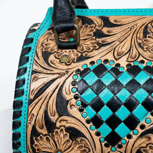Bolsa de Viaje de Lujo de Cuero Genuino Hecha a Mano 2026, Diseño de Corazón a Cuadros Turquesa, Estilo Western con Flores Talladas - Product Image 3