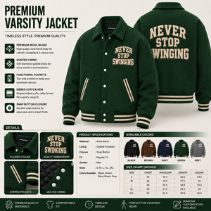 Chaqueta Varsity Verde para Hombre, Bordada con 'Never Stop Swinging', Estilo Preppy, Corte Regular, para Otoño - Product Image 5