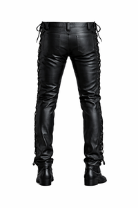 Men's <b>Black</b> PU Coated Moto Biker Pants High Waist Zipper Fly Side <b>Pockets</b> Stretchy Fit Winter Style - Product Image 5