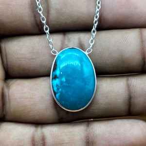 Collier en argent sterling 925 turquoise tibétaine de créateur fait à la main forme ovale pendentifs fins avec lunette cadeau d'anniversaire - Product Image 2