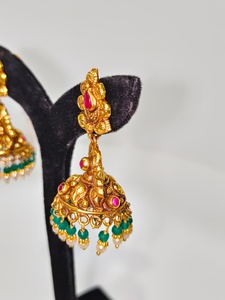 Antique 22k Solid Gold <b>Drop</b> <b>Earrings</b> Handcrafted Lakshmi Motif Wedding Jewelry with Green <b>Emeralds</b> and Natural Pearls - Product Image 3