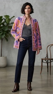 Blouson Bomber Élégant en Velours Brodé et Coton Tricoté pour Femme, Col Montant, Motifs Floraux Faits Main, Style Ethnique Bohème, Séchage Rapide, Automne - Product Image 4