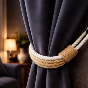 <b>Curtain</b> Holdback – Handmade Jute & Cotton Rope <b>Curtain</b> Tieback – Optional Black Wrought Iron <b>Hook</b> - Product Image 1
