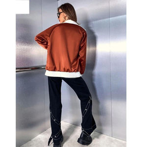 Veste Bomber en Satin pour Femme, Col Contrastant, Manches Longues, Boutons sur le Devant, Vêtement d'Extérieur Décontracté - Product Image 4