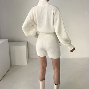 Custom Women Knit Crop Wool Rib Knit <b>Cardigan</b> <b>Sweater</b> 2 Two Piece Lounge Wear Short Pants Set - Product Image 5