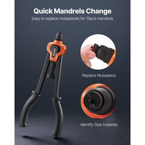 Kit di Utensili per Rivetti da 17 Pollici con 13 Mandrini e 130 Dadi, Misure Metriche e SAE M3 M4 M5 M6 M8 M10 M12 per Rivettatrici Pneumatiche - Product Image 4