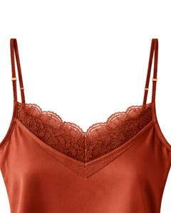 Conjunto de Camiseta y Pantalones Cortos de Encaje Satinado Color Naranja Óxido, Conjunto de Pijama para Mujer, Ropa de Dormir Sexy, Ropa de Dormir de Seda Suave, Conjunto de Dos Piezas para Verano - Product Image 4