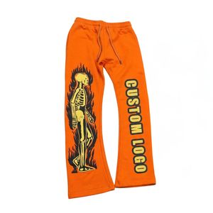 Skeleton Flame Graphic Flared Sweatpants Streetwear Baggy Joggers Heavyweight Cotton Fleece Wide Leg Bottom <b>Drawstring</b> <b>Trousers</b> - Product Image 1