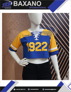 Camiseta Corta sigma gamma rho con 1922 y Letras Griegas en Azul Rey y Amarillo, Blusas Elegantes y Cómodas para Mujer - Product Image 4