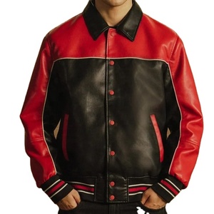<b>Men's</b> Red Black <b>Leather</b> Varsity <b>Jacket</b> Turn-down Collar Button Closure Casual Autumn Wear - Product Image 1