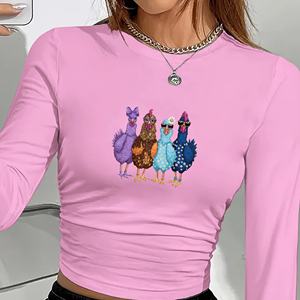 T-shirt à manches longues pour femme avec imprimé poulets anthropomorphes, mode Y2K, col rond tricoté, coupe régulière, en Spandex et Polyester - Product Image 6