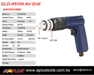 Taladro Neumático APLUS GLD-H5104, 1300 RPM, 0.65HP, Rosca de Husillo 3/8-24, Portabrocas 1/4, Tipo de Engranaje, Peso 0.9kg, Aplicación en Aeronaves - Product Image 2