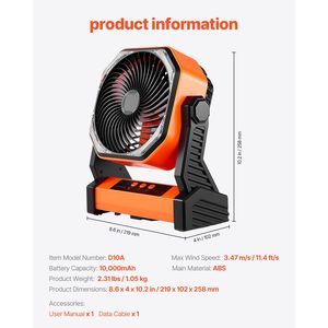 Ventilatore Portatile da Campeggio 10000mAh con Luce, 4 Velocità, 8 Pollici, Ricaricabile a Batteria, Oscillazione a 270 Gradi, per Esterni e Scrivania - Product Image 5