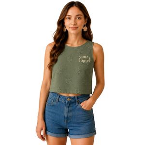 Olive Green Floral Embroidered Crop Tank <b>Top</b> <b>Women</b> Sleeveless Cotton Summer <b>Vest</b> Custom Logo Casual Fashion Streetwear Short <b>Top</b> - Product Image 1
