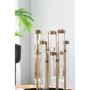 Minimalist Brass Tabletop <b>Vase</b> Set <b>Clear</b> Glass Tubes With Gold Frames Holds Water For Modern Home Decor - Product Image 3