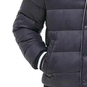 Men's Hooded Puffer Jacket Solid Color Polyester Windproof <b>Winter</b> Casual <b>Thick</b> Warm <b>Coat</b> with Button Closure and Striped Trim - Product Image 4