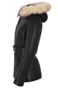 Women's Genuine <b>Leather</b> Bomber <b>Jacket</b> With Fur Hood Zipper Closure <b>Winter</b> Windproof Regular Length Solid Color - Product Image 5