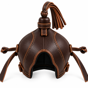 Cagoule de fauconnerie en cuir marron en gros avec design traditionnel à pompons, construction durable et ajustement réglable pour fauconniers (modèle réplique) - Product Image 4