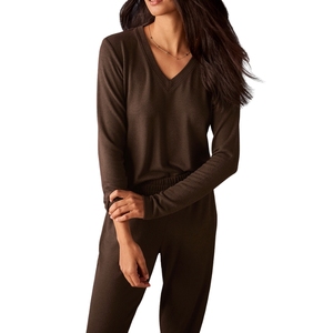 Camiseta de Manga Larga con Cuello en V para Mujer, Color Marrón, Corte Regular, Ecológica, de Secado Rápido, Transpirable, de Algodón, Informal - Product Image 3