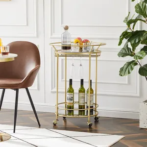 Chariot de bar rond en métal doré avec plateau miroir et roulettes, diamètre 23 pouces, hauteur 31,75 pouces, design glamour pour les fêtes - Product Image 6