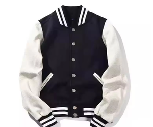 Men's Merit Sports Black White Varsity Jacket Mandarin Collar <b>Covered</b> <b>Button</b> Closure Anti-Bacterial Fleece Lining Solid Color - Product Image 1