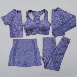 Custom 5pcs Women Seamless Workout Set Pink Mesh Crop Top Long Sleeve High Waist Leggings Shorts <b>Yoga</b> Wear Sportswear <b>Kit</b> - Product Image 5