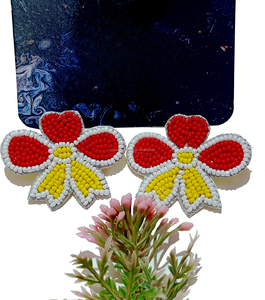 Colorful Bow Seed Bead Drop <b>Earrings</b> Red Yellow Heart <b>Top</b> Design Custom Size Festive Statement Jewelry Party Wear Fashion - Product Image 1