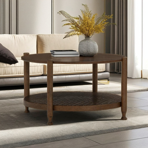 Table basse ronde moderne en chêne malaisien avec plateau solide et étagère en rotin synthétique – Mobilier de salon contemporain, durable et léger - Product Image 1