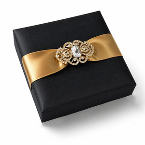Black Boxed <b>Wedding</b> Invitation | Silk Hinged Lid Box with <b>Ribbon</b> Holder | Wholesale, Made in Thailand - Product Image 1