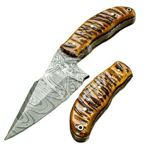 Couteau à dépecer fait à la main en acier damas lame fixe chasse Camping cuir gaine corne de bélier poignée personnalisable OEM cadeau pour lui - Product Image 1