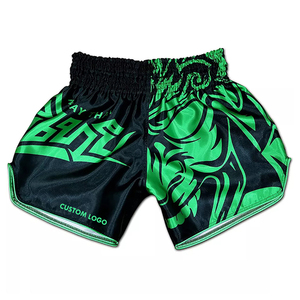 Pantalones Cortos de Boxeo Muay Thai Negros y Verdes Estampados, Elásticos, Transpirables, Ligeros, 100% Poliéster, para Entrenamiento de MMA - Product Image 1