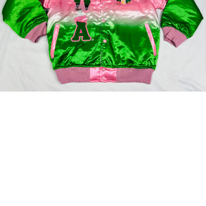 Chaqueta Bomber Ombre Unisex con Logotipo Frontal Bordado con Letras Griegas, Degradado Rosa Verde, Chaqueta de Invierno Estilo Urbano, Poliéster/Nailon - Product Image 4