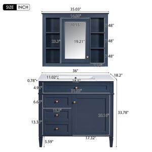 Mobile Bagno Moderno da 36 Pollici con Armadietto Portamedicinali, 2 Ante con Chiusura Ammortizzata, 4 Cassetti, Lavabo Singolo - Product Image 6