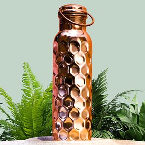 <b>Custom</b> Pure Copper <b>Water</b> <b>Bottle</b> Honeycomb Hexagon Hammered Pattern Metal Flask Ring Handle Lid Bulk - Product Image 2