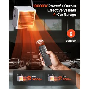 Riscaldatore Elettrico da Garage 10.000 Watt con Telecomando, Timer 10 Ore, Protezione da Surriscaldamento, Montaggio a Parete/Soffitto per Esterni - Product Image 2
