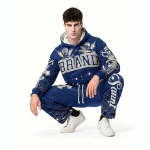 Conjunto Deportivo para Hombre, Estilo Urbano, Azul Lavado Ácido, Sudadera con Capucha, Logotipo de Marca con Pedrería, Estampado Cruzado, Pantalones Deportivos con Cordón, Manga Larga, Invierno - Product Image 6