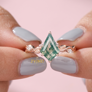 Anillo de compromiso de ágata musgosa con corte cometa, oro macizo de 14K, anillo de boda con hoja botánica, joyería inspirada en la naturaleza - Product Image 2