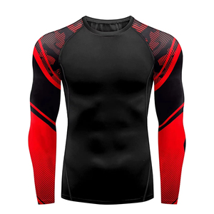 <b>Men's</b> Black Red Full Sleeve <b>Compression</b> <b>Shirt</b> Crew Neck Fitted Moisture Wicking Breathable Quick Dry Geometric Print Sport Top - Product Image 1