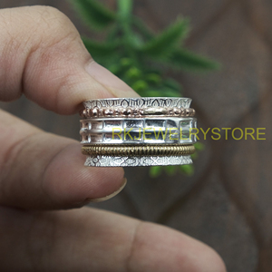 Multi Layer <b>Spinner</b> <b>Ring</b> Silver Brass Copper Mixed Metal Meditation Band Textured Pattern Handmade Unisex Anxiety <b>Ring</b> for Women - Product Image 4
