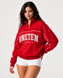 ONETEN APPARELS Red <b>Quarter</b> <b>Zip</b> <b>Sweatshirt</b> Oversized Regular Fit 100% Cotton French Terry Front Logo Casual Unisex Winter Wear - Product Image 3